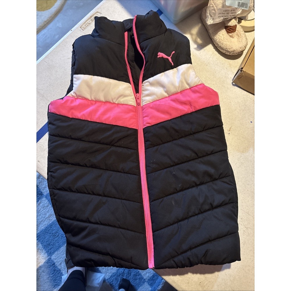 Puma Puffer Vest Full Zip Sleeveless Pink White Black Girls Kids Size Small 7/8